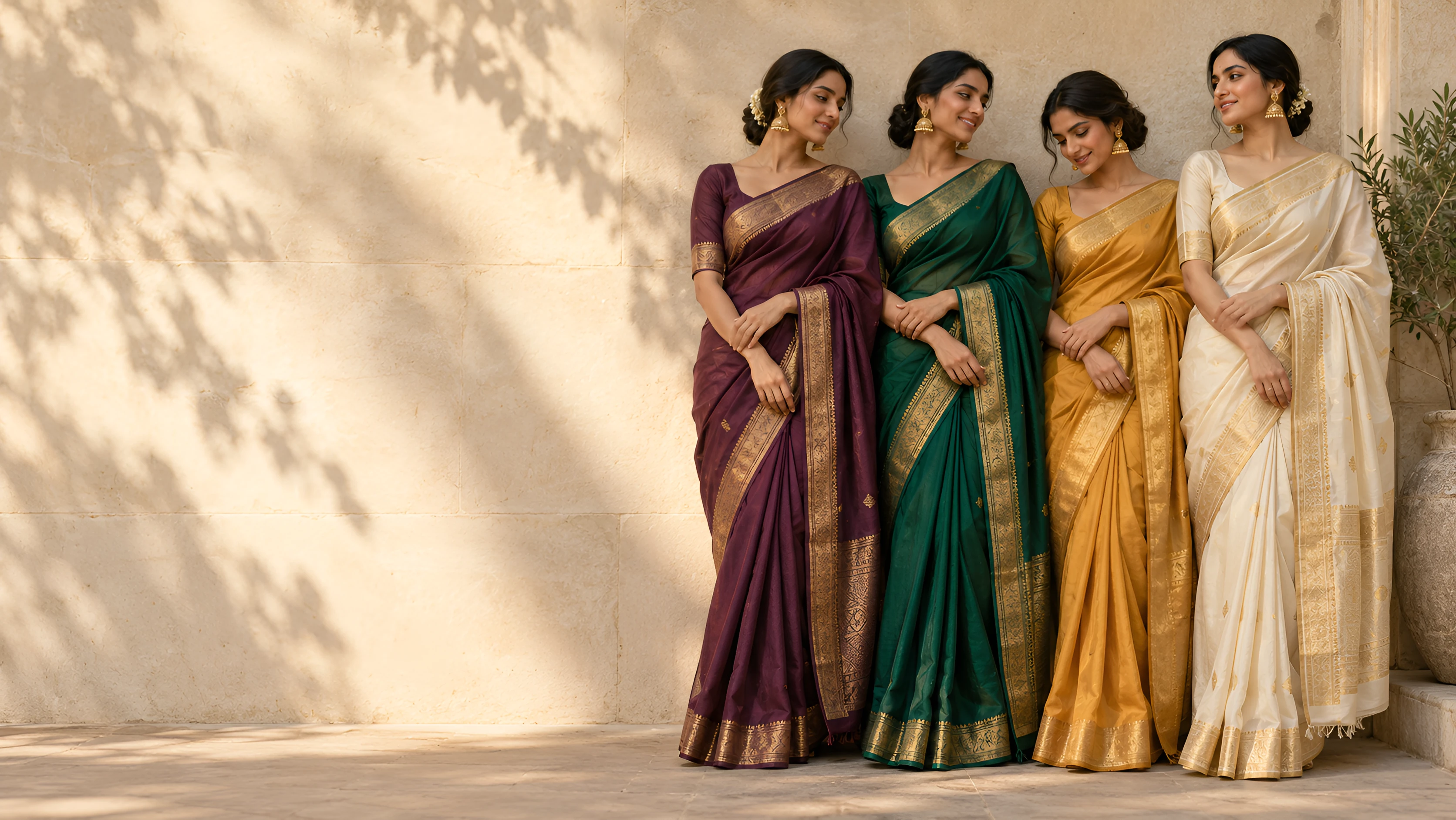 Four models in plum, emerald, gold and ivory silk sarees