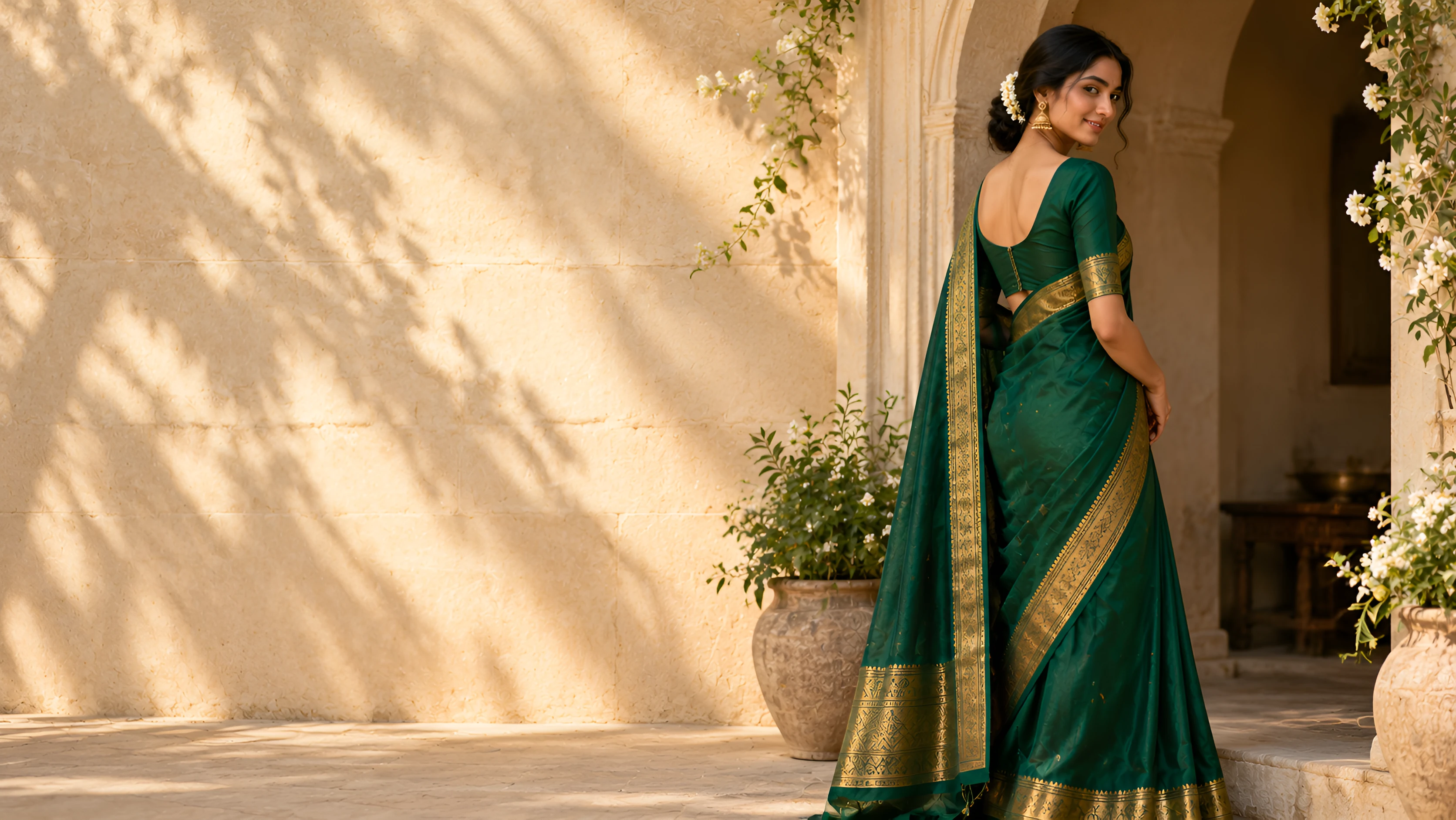 Model in emerald saree at an arched doorway
