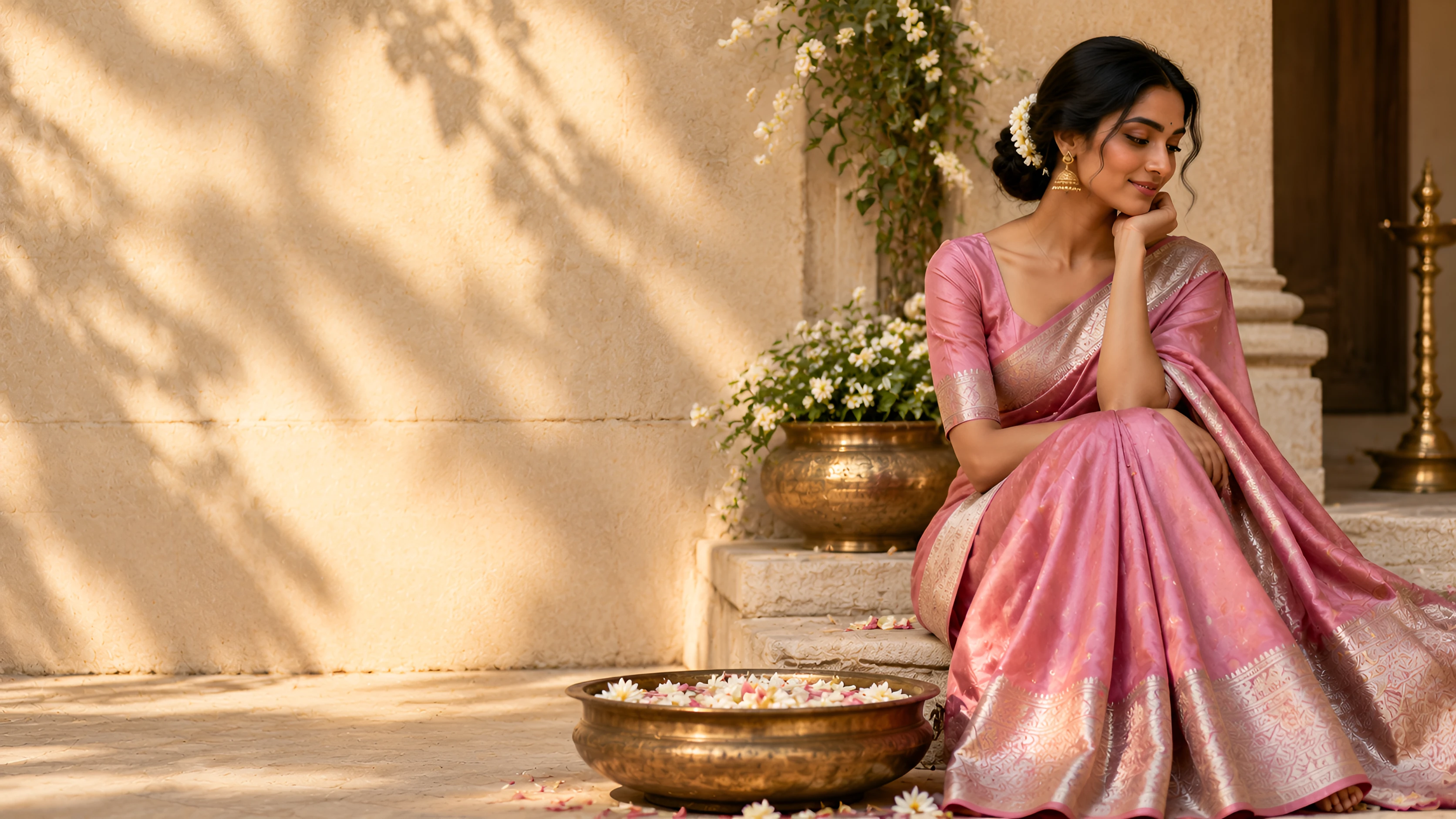 Model in rose pink saree seated by a brass urli
