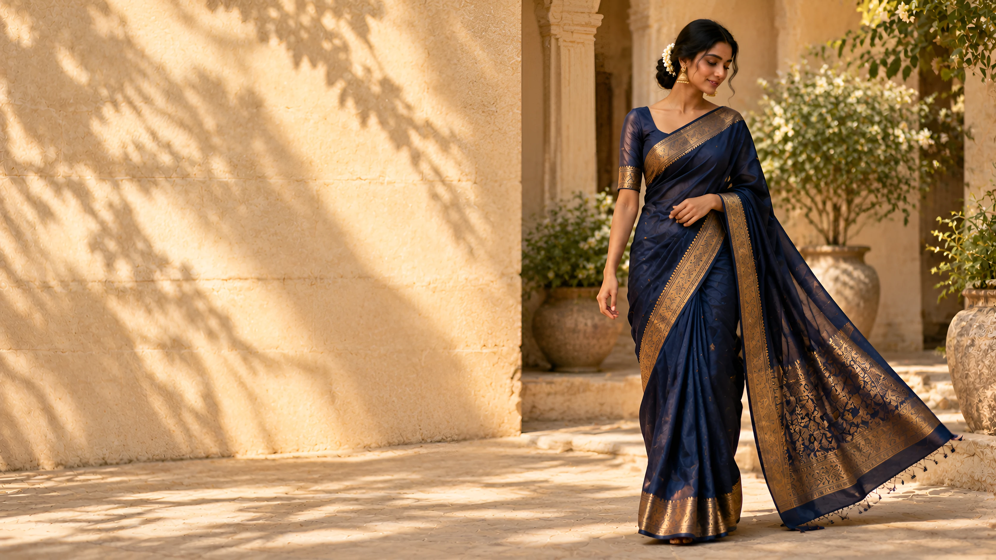 Model in indigo saree walking in a courtyard